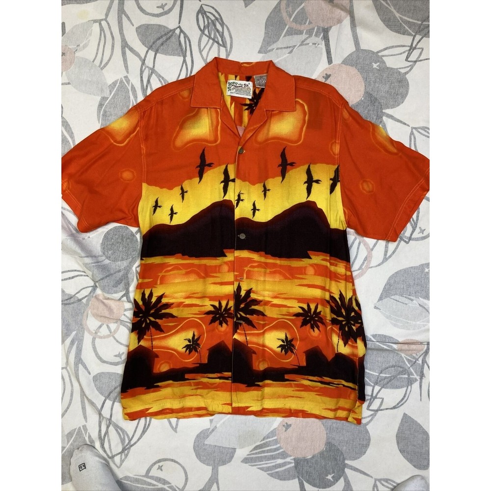 Thums Up Aloha Palms Orange Hawaiian CAMP Button Short Sleeve SHIRT L Bird Palms